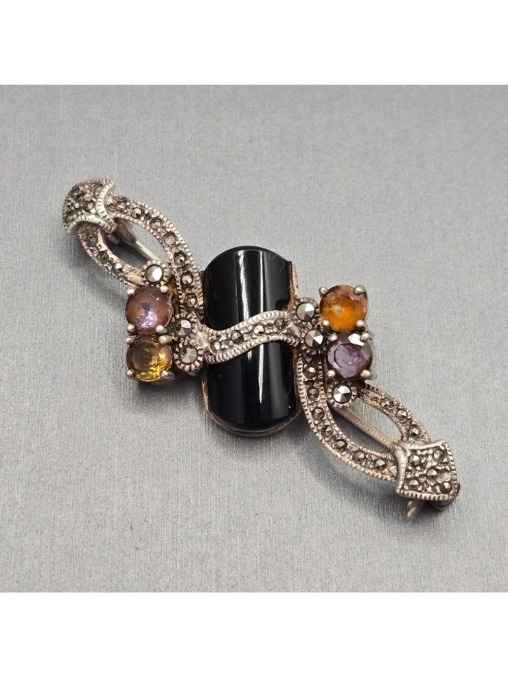 Art Deco Sterling Silver Onyx Amethyst Citrine Marcasite Brooch Vintage C Mark - Picture 2 of 15